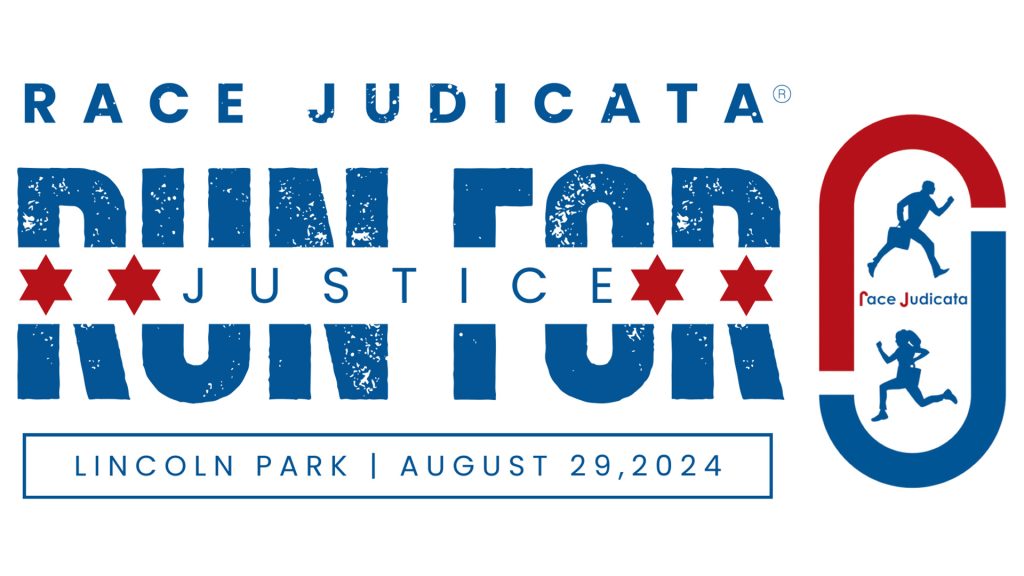 The logo for Race Judicata. Text reads: Race Judicata. Run for Justice. Lincoln Park, August 29, 2024.