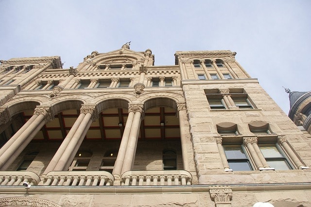 The facade of a Mormon church in Utah.